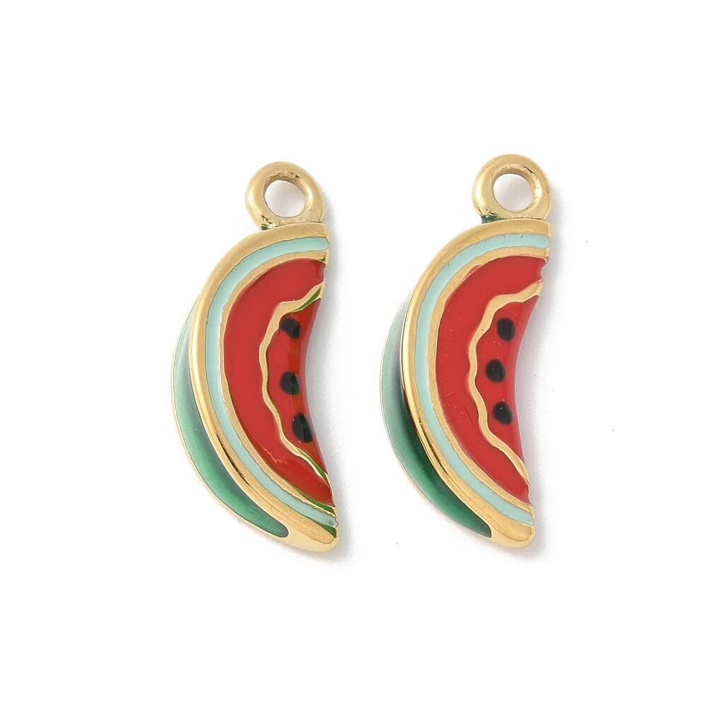 7084 3 pcs Watermelon Enamel Charms 304 Stainless Steel Mini Fruit Food